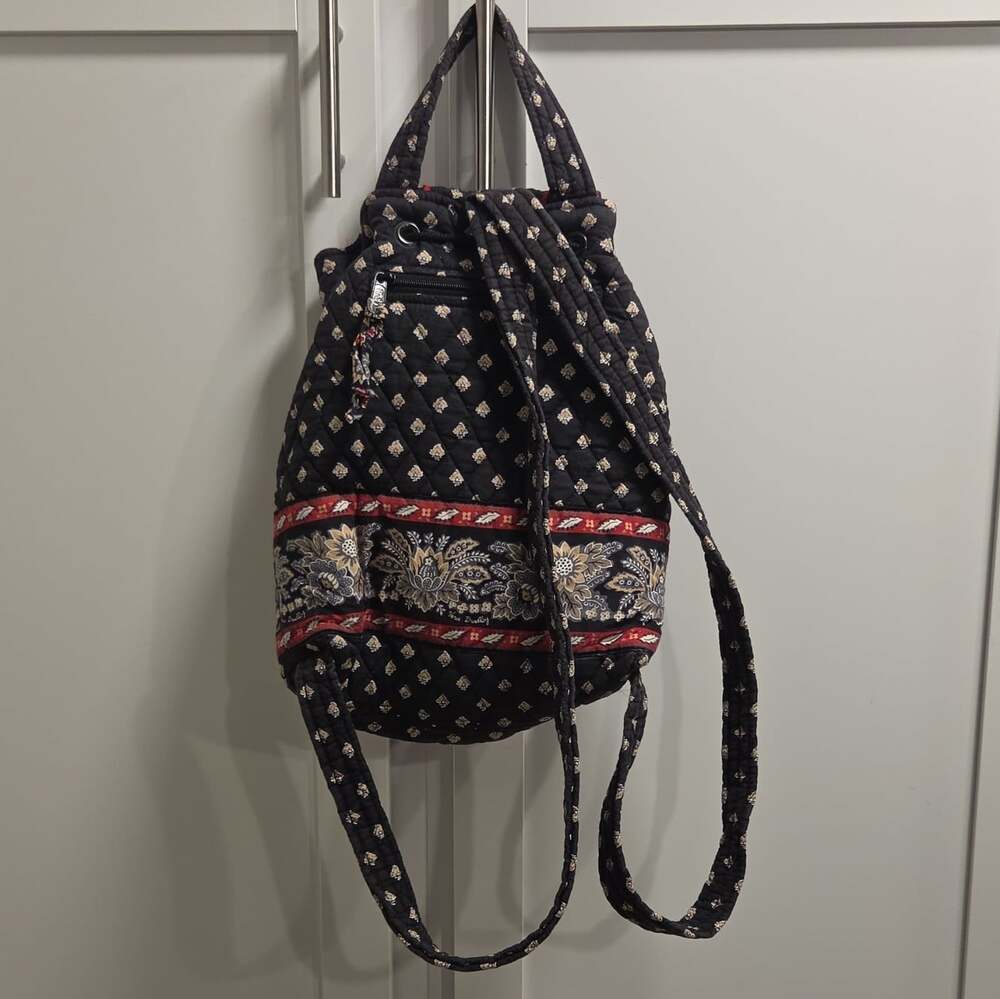 Vtg Vera Bradley Minil Drawstring Backpack "Classic Black" Retired 100% Cotton - Picture 3 of 8
